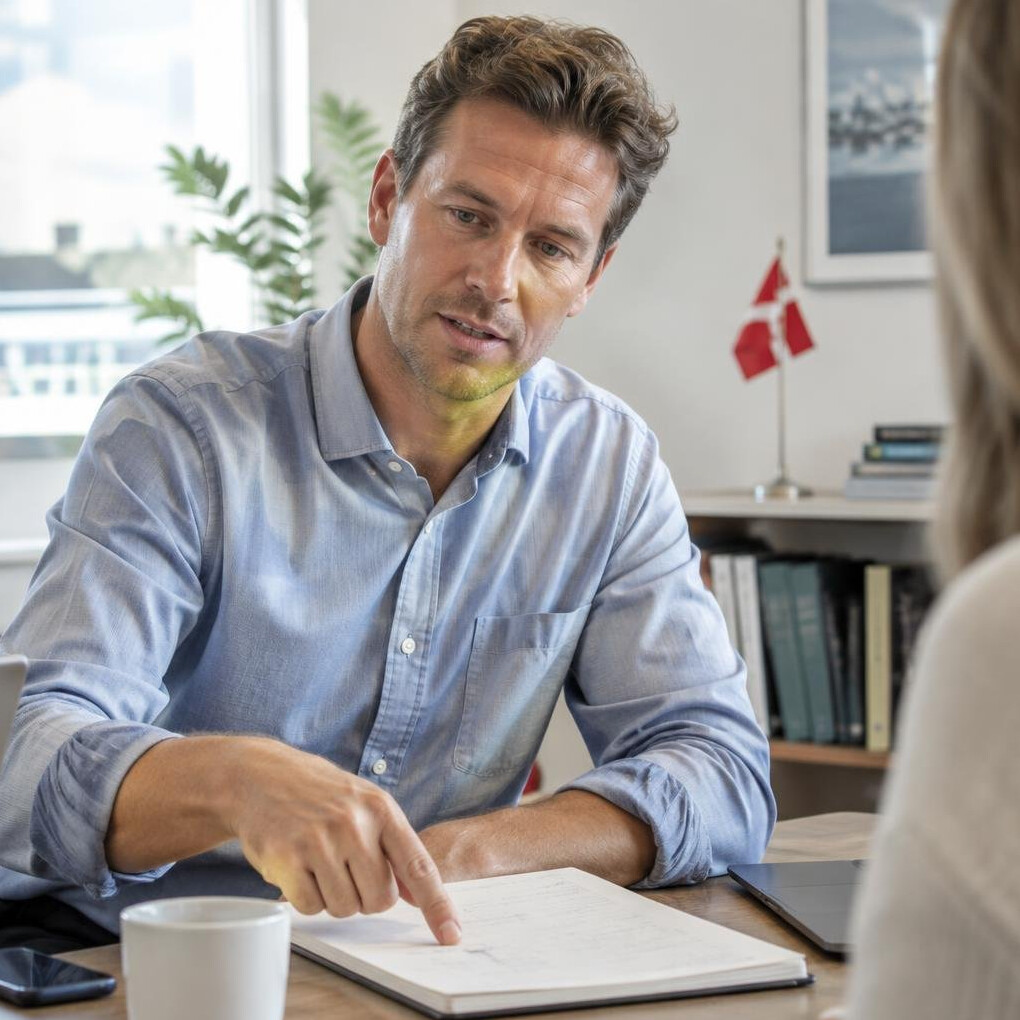 Financial expert explaining a concept using a notebook in an office