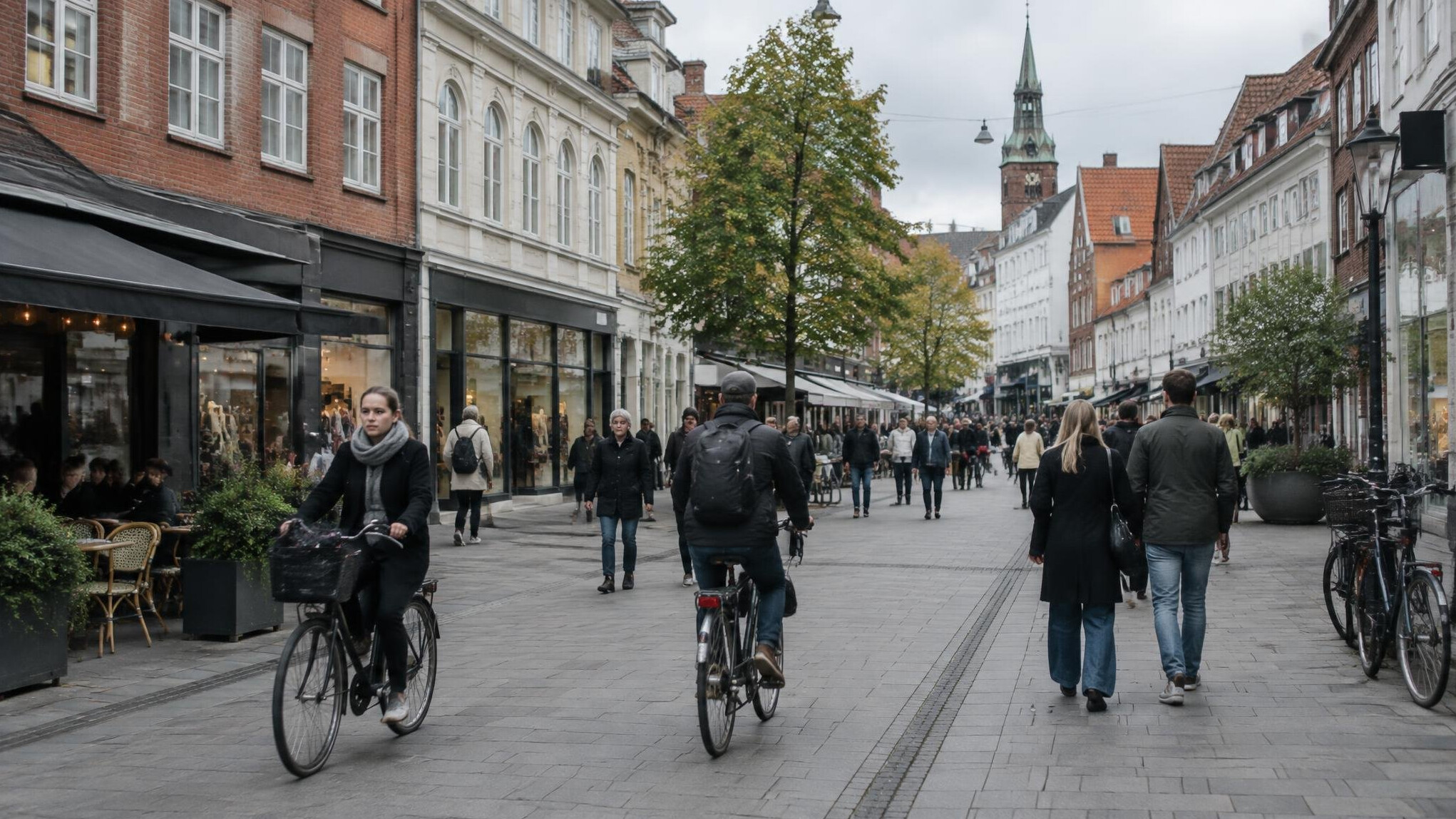 Busy shopping street in a Danish city with pedestrians and bicycles